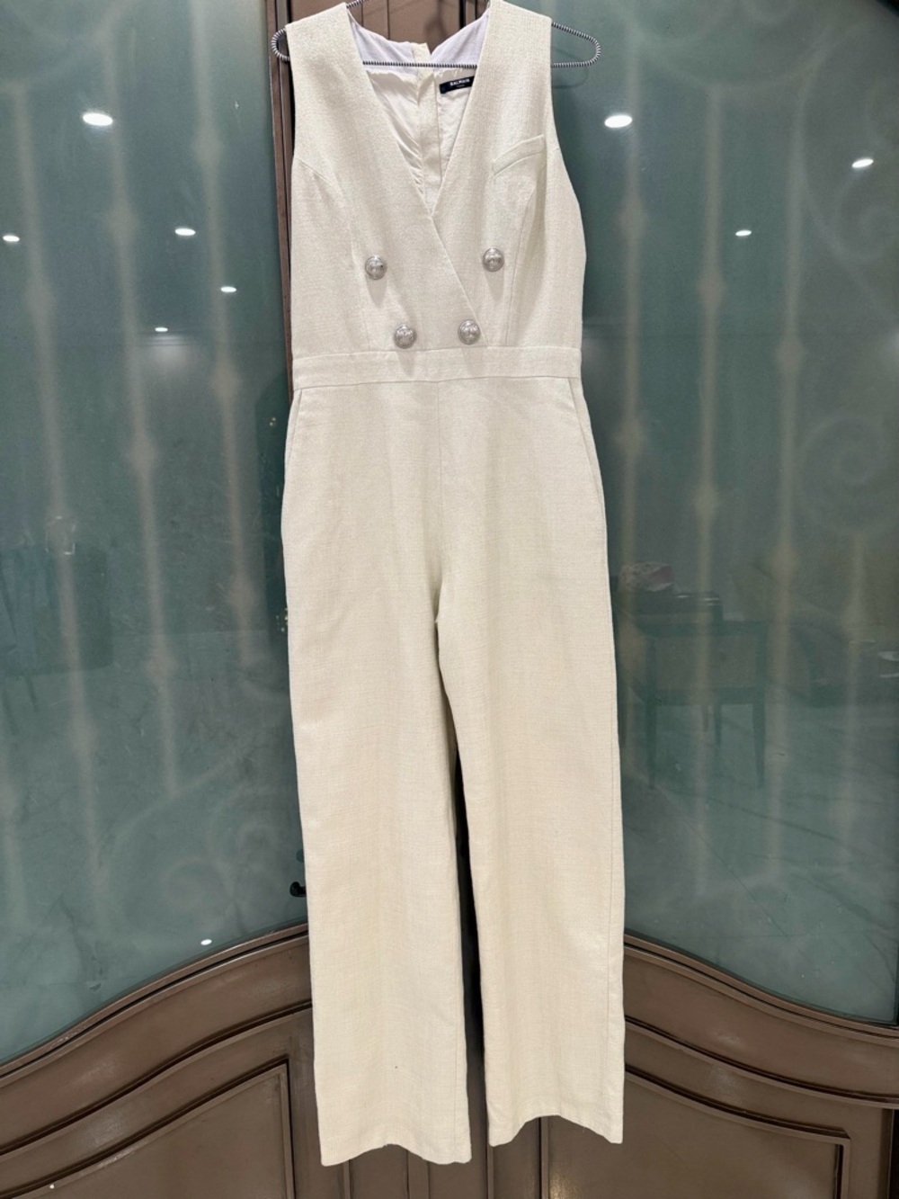 Balmain White Double-Breasted V-Neck Wide-Leg Jumpsuit - Picture 3 of 7